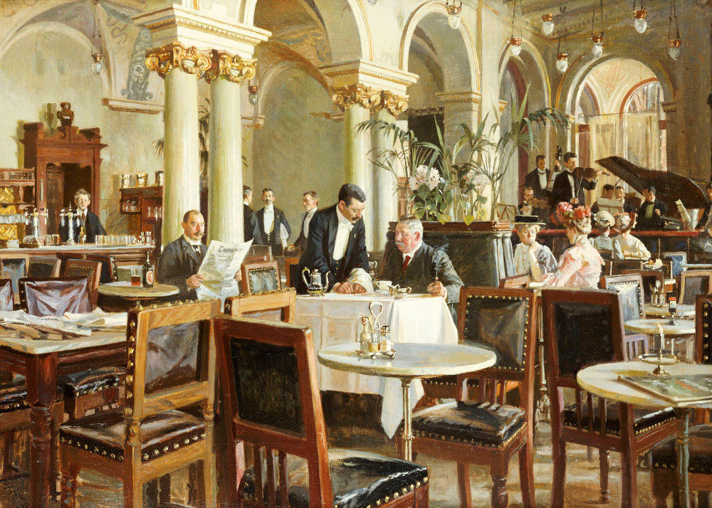 A Cafe in Copenhagen, vintage artwork by Frants Peter Didrik Henningsen, 12x8" (A4) Poster