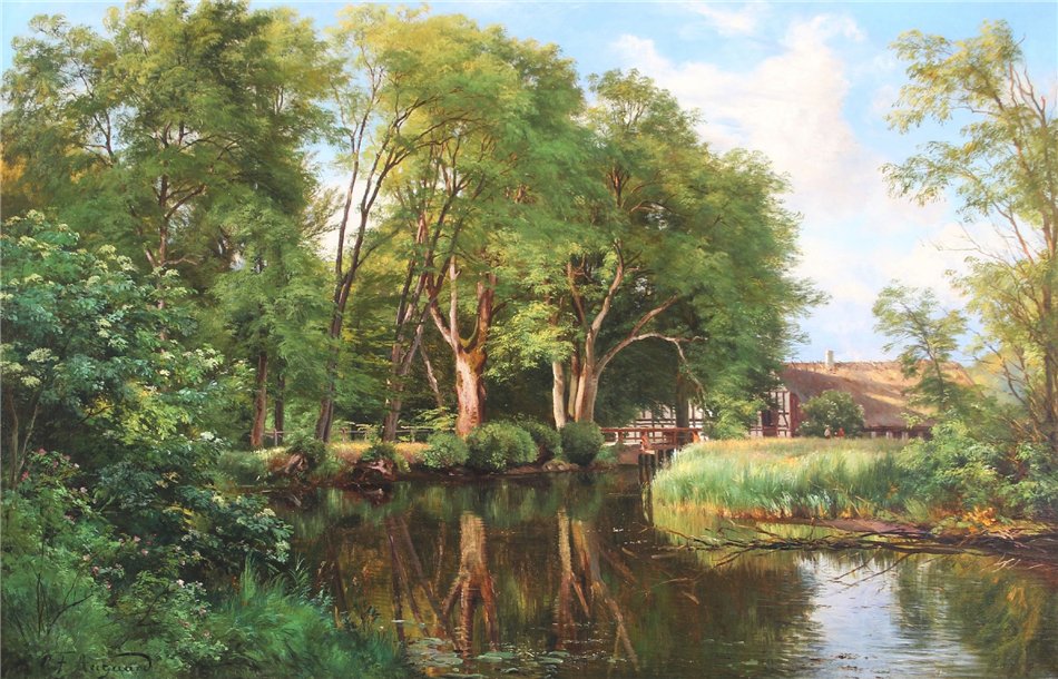 Forest scenery with a house by  a stream, vintage artwork by Carl Frederik Aagaard, 12x8" (A4) Poster