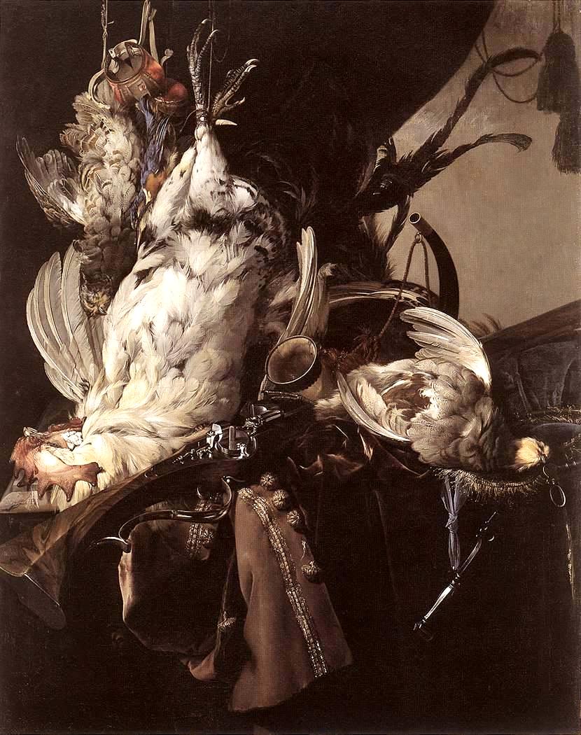 Still-Life of Dead Birds and Hunting Weapons, vintage artwork by Willem van Aelst, 12x8" (A4) Poster