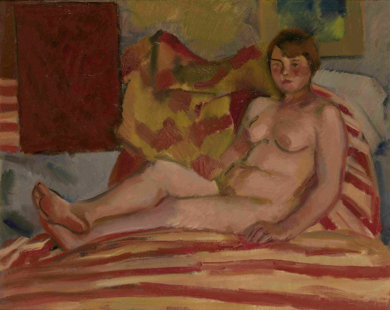 Nude on Striped Fabric, vintage artwork by Nikolai Tyrsa, 12x8" (A4) Poster