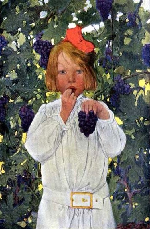 Girl Eating Grapes, vintage artwork by Sarah S. Stilwell, 12x8" (A4) Poster