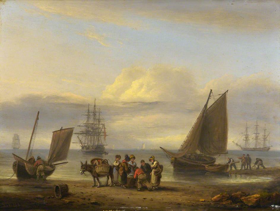 Coast Scene with Shipping and Figures, vintage artwork by Thomas Luny, 12x8" (A4) Poster