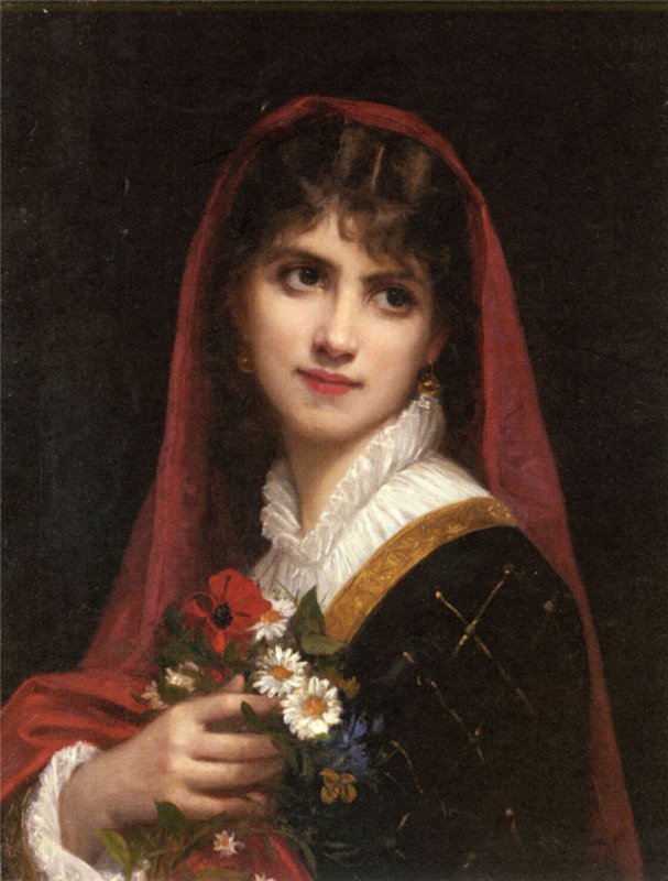 A Young Beauty Wearing A Red Veil, vintage artwork by Gustave Doyen, 12x8" (A4) Poster