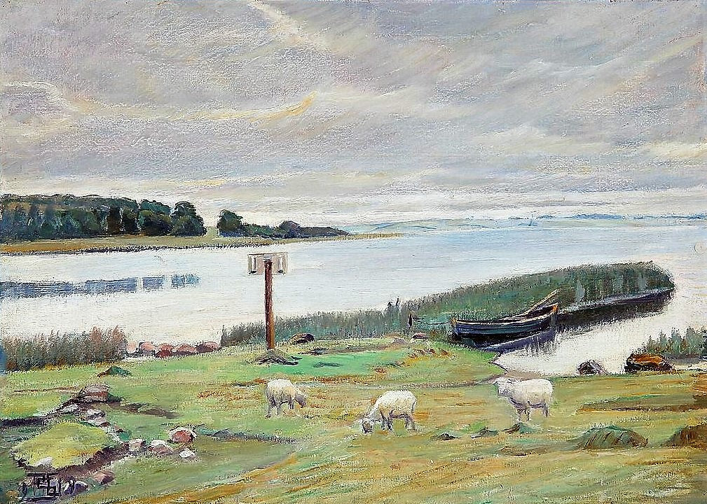 The fjord at Bogenæs, vintage artwork by Poul S Christiansen, 12x8" (A4) Poster
