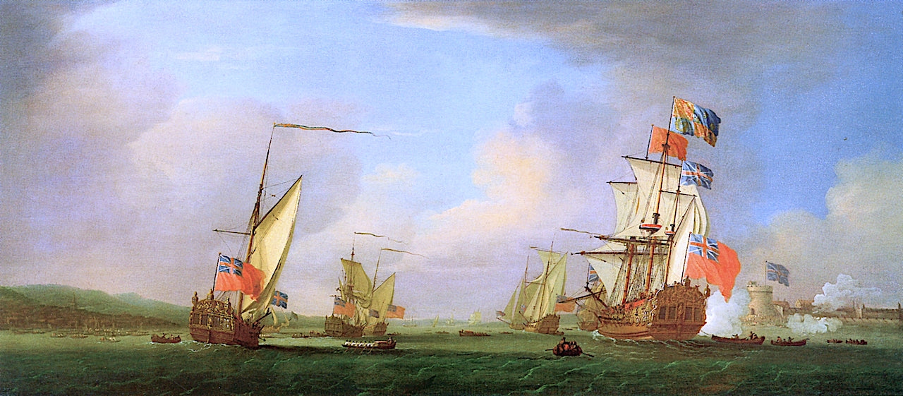 The Royal Yacht 'Peregrine' and another Yacht in the Medway off Gillingham,Kent passing Upnor Castle, vintage artwork by Peter Monamy, 12x8" (A4) Poster