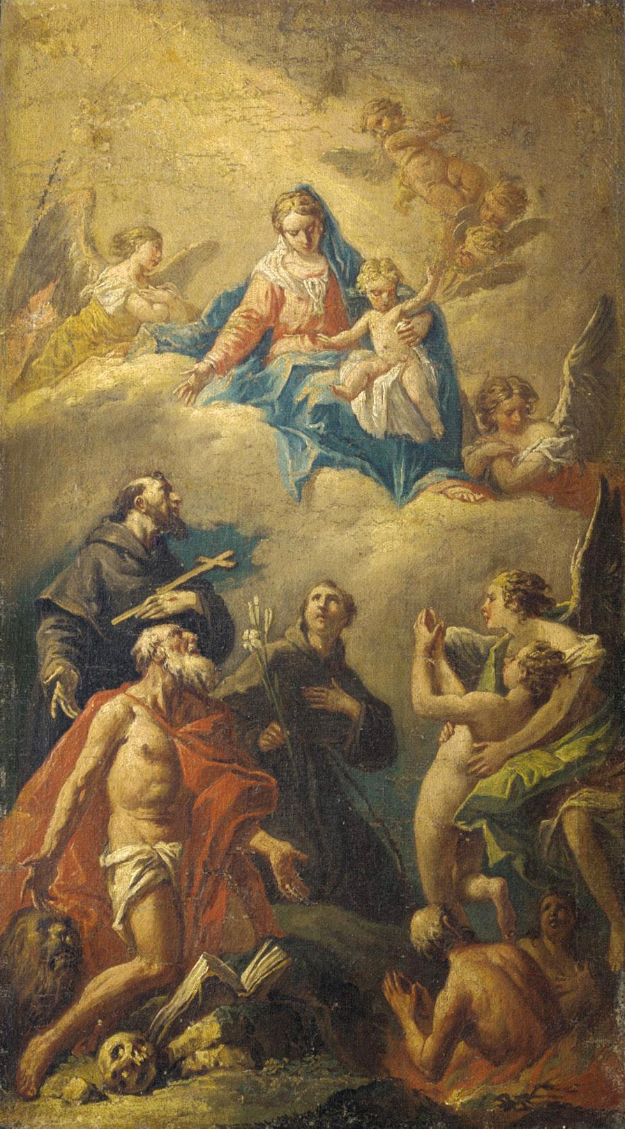 The Madonna and Child with Saints Jerome, Francis and Anthony of Padua, vintage artwork by Gaspare Diziani, 12x8" (A4) Poster