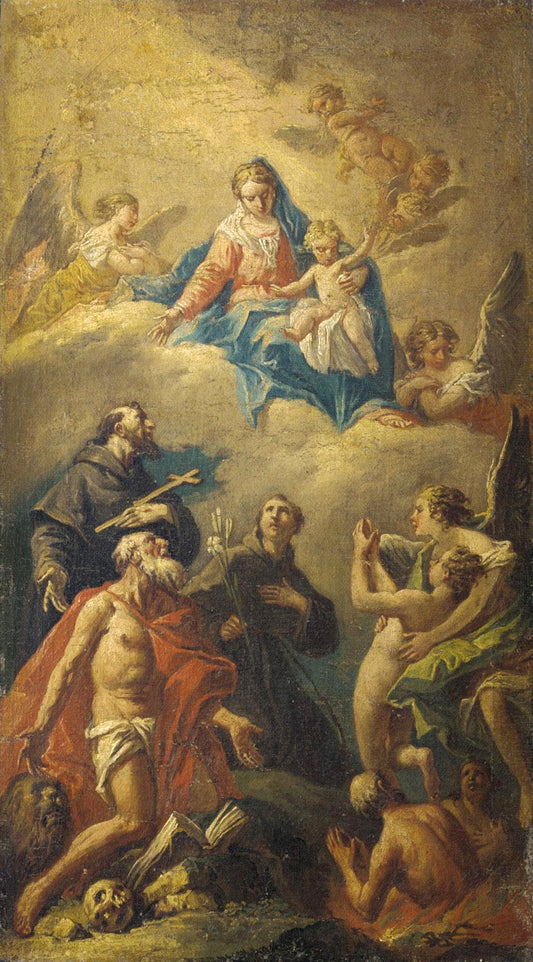 The Madonna and Child with Saints Jerome, Francis and Anthony of Padua, vintage artwork by Gaspare Diziani, 12x8" (A4) Poster