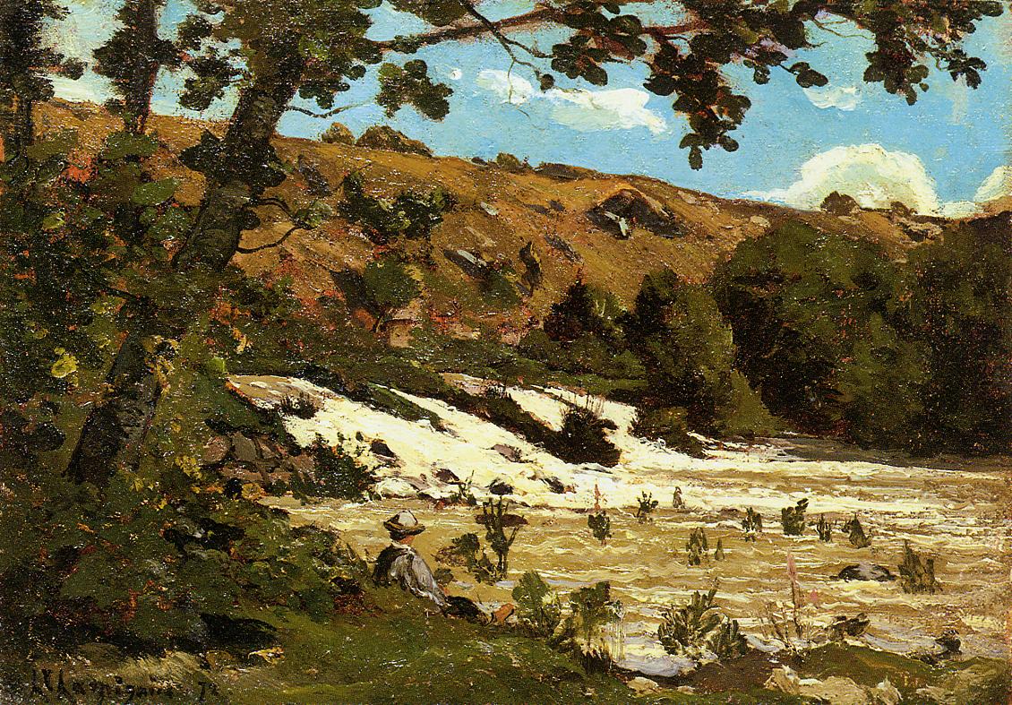 Boy Seated by  a River, vintage artwork by Henri-Joseph Harpignies, A3 (16x12") Poster Print
