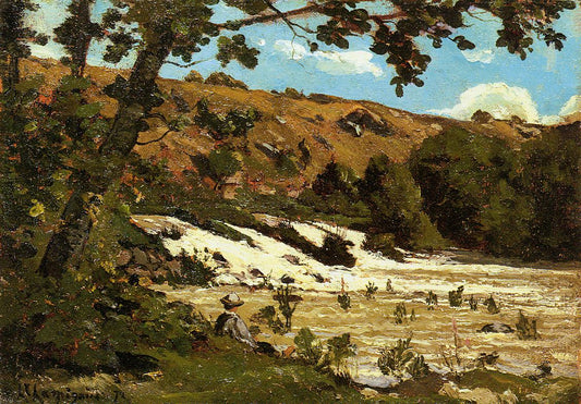 Boy Seated by  a River, vintage artwork by Henri-Joseph Harpignies, A3 (16x12") Poster Print