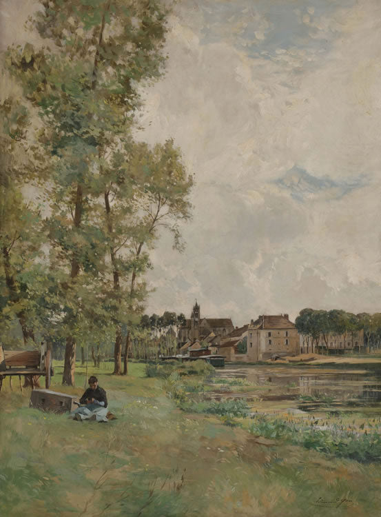 Woman Sewing on the Banks of the Loing, Moret, vintage artwork by Edmond Yon, 12x8" (A4) Poster