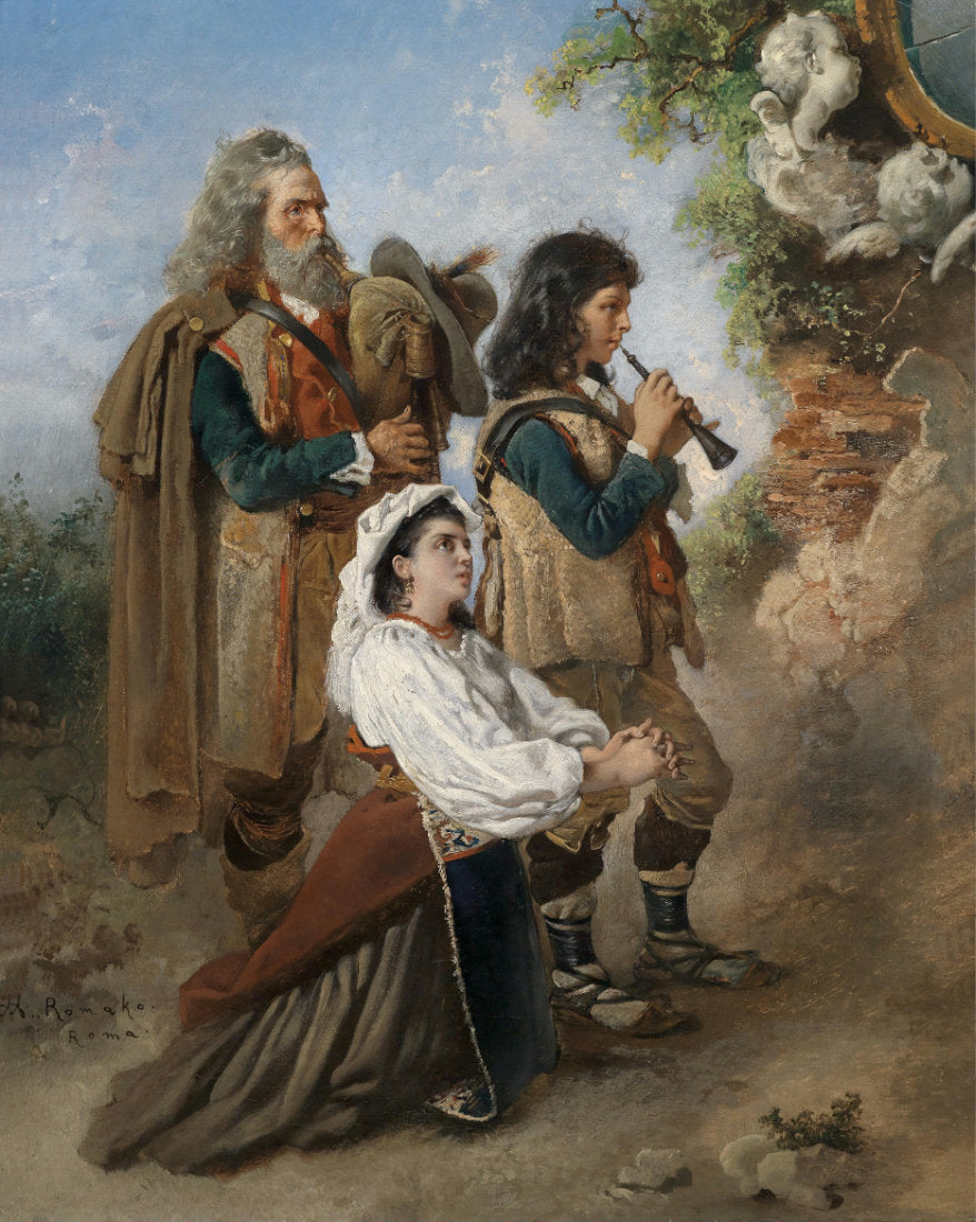 Pifferari, playing before an image of the Virgin Mary, vintage artwork by Anton Romako, 12x8" (A4) Poster