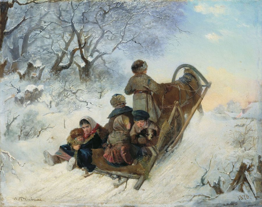 Children in the Sleigh, vintage artwork by Ivan Pelevin, 12x8" (A4) Poster