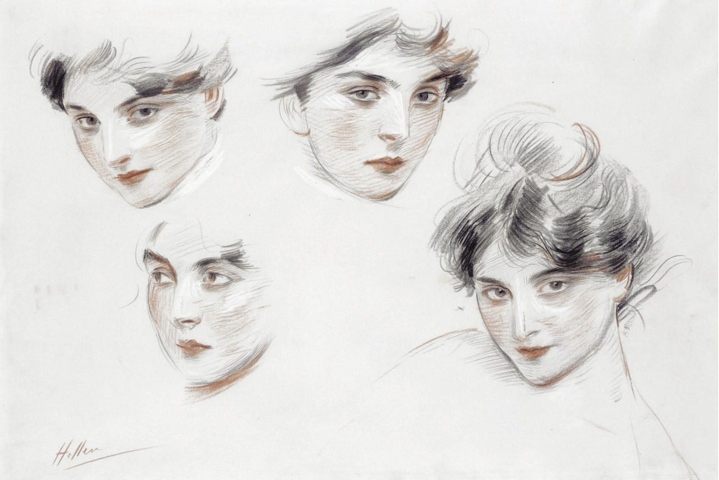 Mademoiselle Conquis - Study of Heads, vintage artwork by Paul Cesar Helleu, 12x8" (A4) Poster