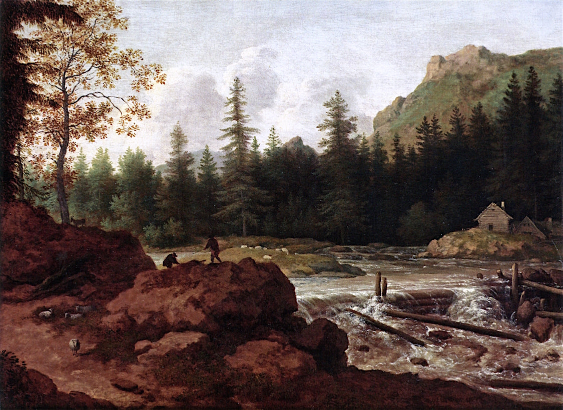A Scandinavian River Landscape with Herdsmen on a Rock by  a Waterfall, vintage artwork by Allaert van Everdingen, 12x8" (A4) Poster