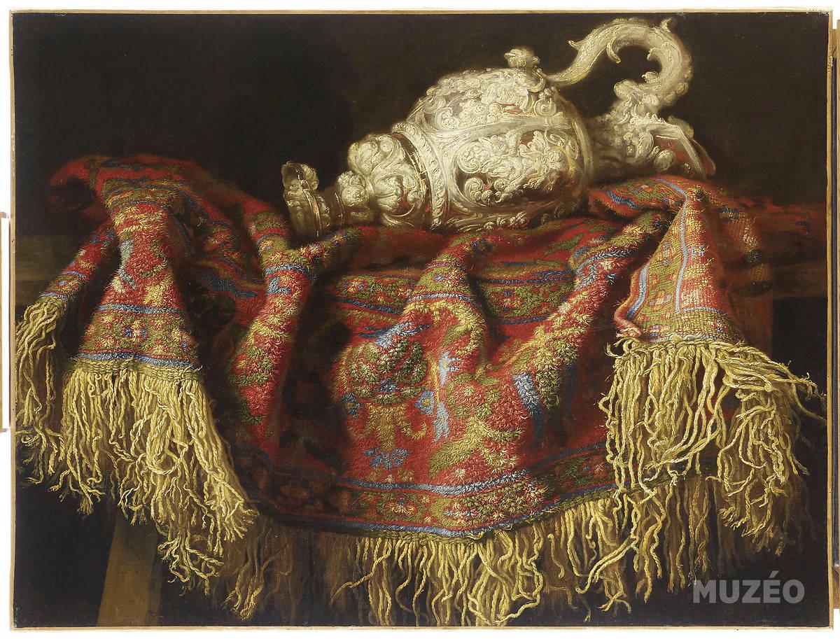 Still-life with carpet, vintage artwork by Francesco Fieravino, 12x8" (A4) Poster