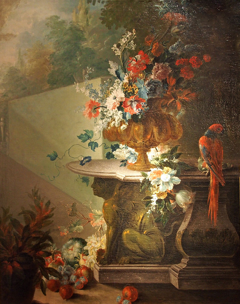Flowers, fruit and a parrot on the table, vintage artwork by Hendrik de Fromantiou, 12x8" (A4) Poster