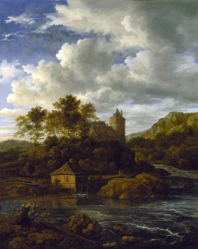 Castle and Watermill by  a River, vintage artwork by Jacob van Ruisdael, 12x8" (A4) Poster
