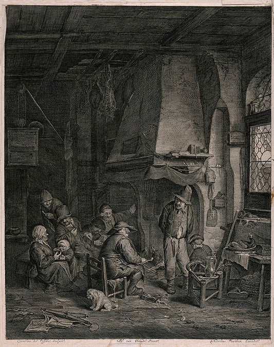 A family gather indoors round a large open fireplace, vintage artwork by Cornelis Visscher, 12x8" (A4) Poster