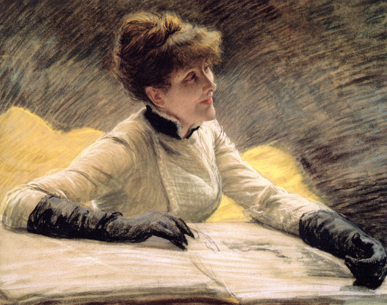 Admiring a Portfolio, vintage artwork by James Tissot, 12x8" (A4) Poster