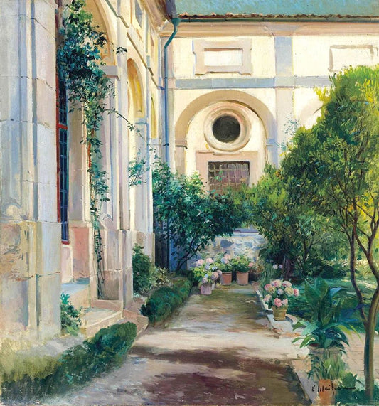 The courtyard garden, vintage artwork by Eliseo Meifren i Roig, 12x8" (A4) Poster