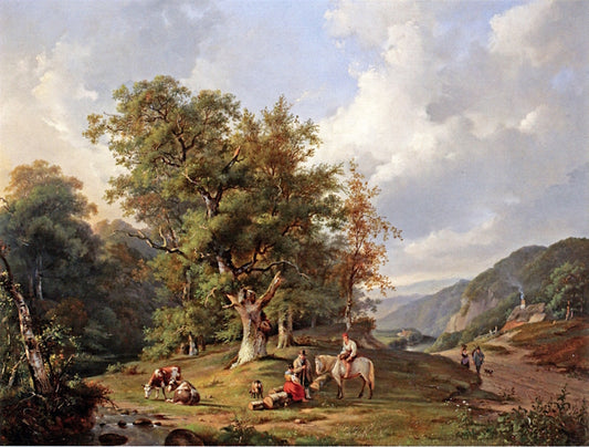 A Wooded Landscape with Figures Resting near a Stream, vintage artwork by Frans Arnold Breuhaus de Groot, 12x8" (A4) Poster