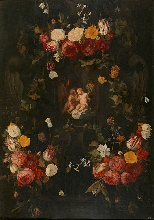 Garland with Three Putti, vintage artwork by Carstian Luyckx, 12x8" (A4) Poster