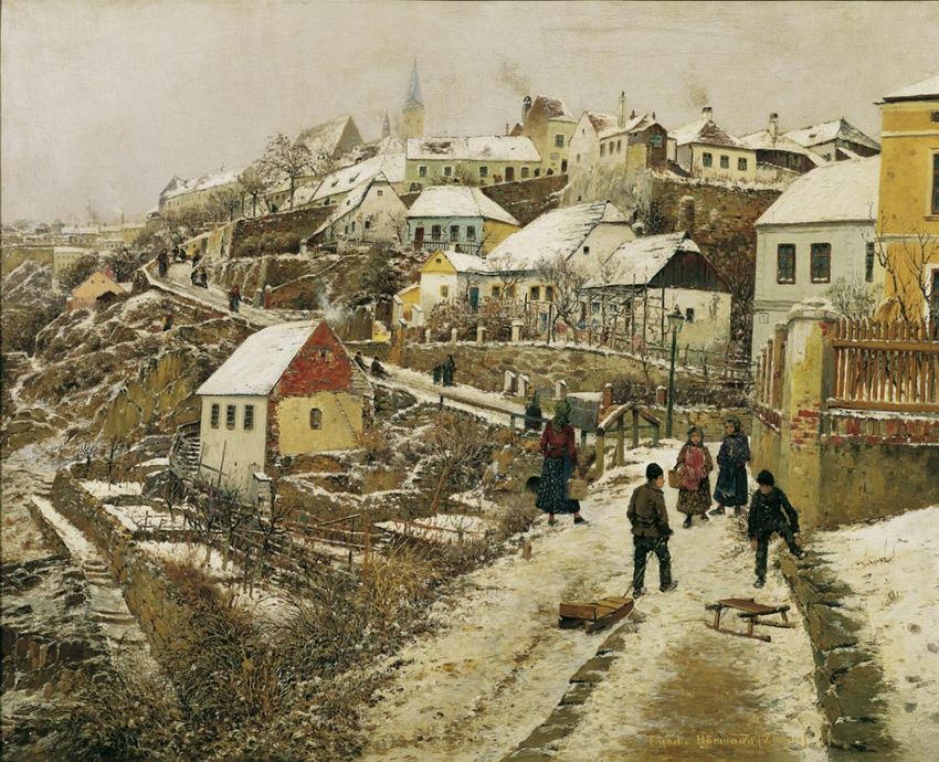 Znojmo in the snow, vintage artwork by Theodor von Hörmann, 12x8" (A4) Poster