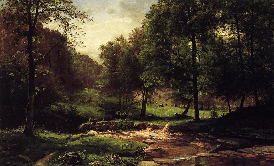 Stream with Field and Grazing Cattle, vintage artwork by George Hetzel, 12x8" (A4) Poster