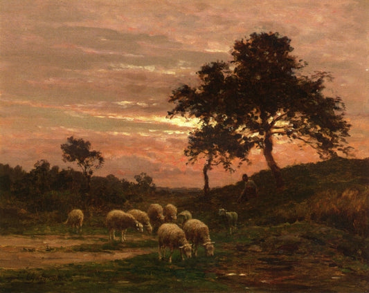 Shepherd and His Flock at Sunset, vintage artwork by Jean Ferdinand Chaigneau, 12x8" (A4) Poster