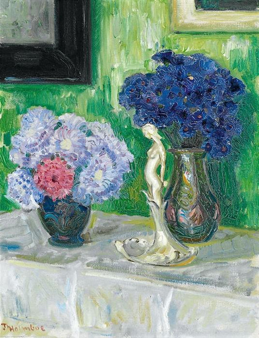 Arrangement with Flower Vases and Porcelain Figure, vintage artwork by Thorolf Holmboe, 12x8" (A4) Poster