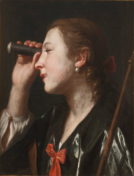 Girl Looking through a Telescope, vintage artwork by Pietro Antonio Rotari, 12x8" (A4) Poster