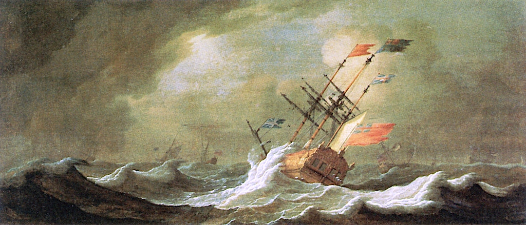 The Royal Yacht "Royal Caroline' in a Storm, vintage artwork by Peter Monamy, 12x8" (A4) Poster