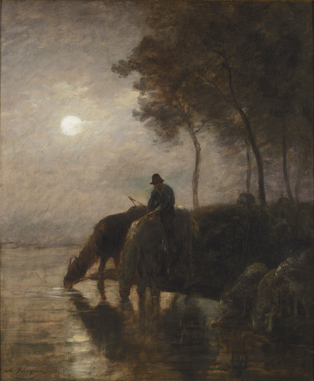 Chevaux et moutons s’abreuvant au clair de lune (Horses and Sheep Watering in the Moonlight), vintage artwork by Charles-Émile Jacque, A3 (16x12") Poster Print