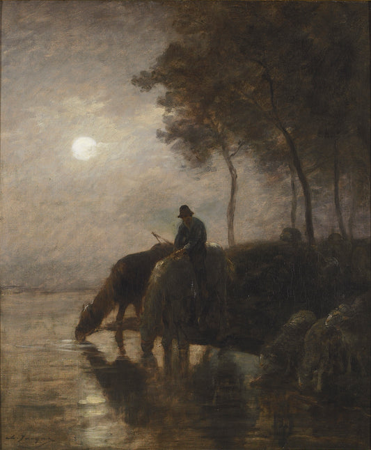 Chevaux et moutons s’abreuvant au clair de lune (Horses and Sheep Watering in the Moonlight), vintage artwork by Charles-Émile Jacque, A3 (16x12") Poster Print