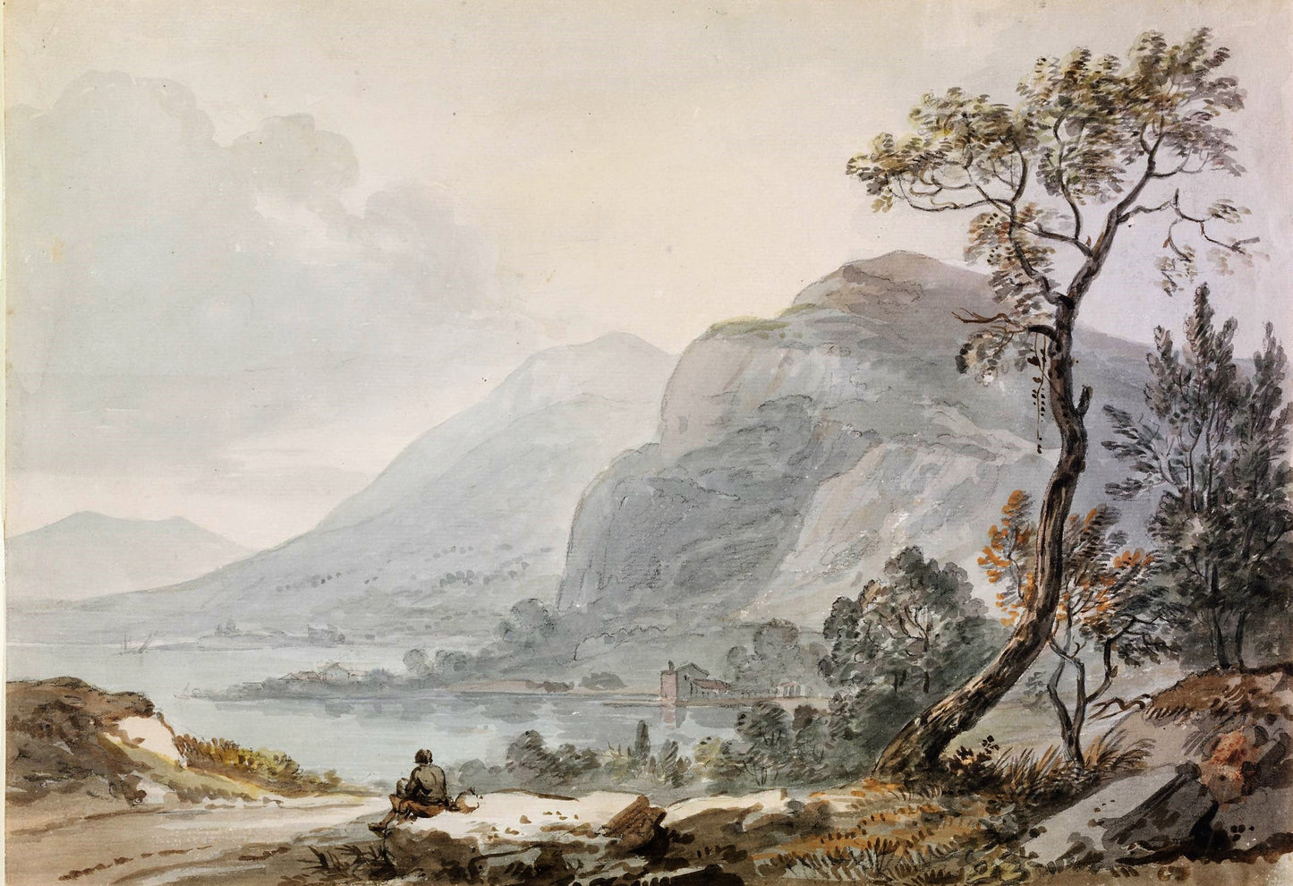 Landscape with Mountains by  a Lake, vintage artwork by Paul Sandby , R.A., 12x8" (A4) Poster