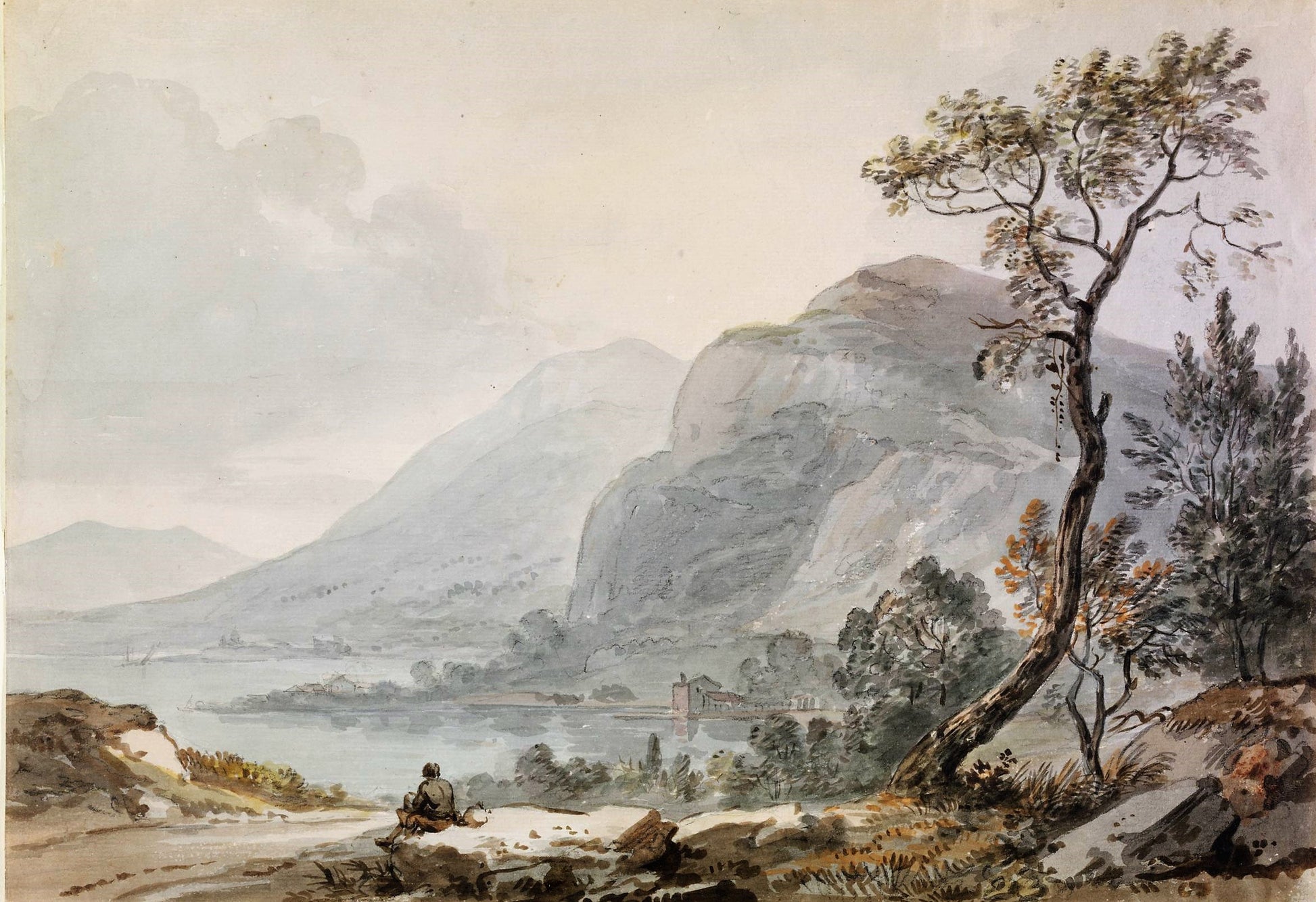 Landscape with Mountains by  a Lake, vintage artwork by Paul Sandby , R.A., 12x8" (A4) Poster