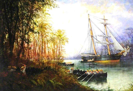Shipping Cargo at Daybreak (from the series 'The Life of the Slaver Orange Grove'), vintage artwork by Stuart Henry Bell, 12x8" (A4) Poster