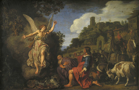 The Angel Raphael Takes Leave of Old Tobit and his Son Tobias, vintage artwork by Pieter Lastman, 12x8" (A4) Poster