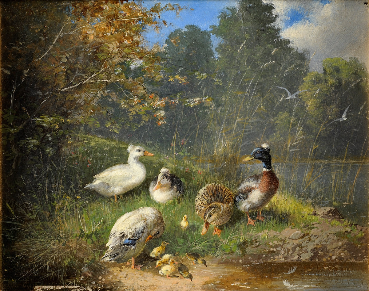 Family of ducks on the river bank by Julius Scheuerer,A3(16x12")Poster