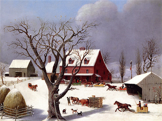 Sleighs Arriving at the Inn, vintage artwork by George Henry Durrie, A3 (16x12") Poster Print