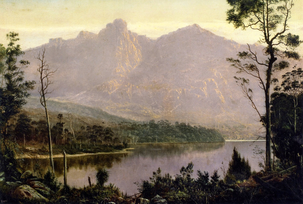 Mount Olympus and Mount Marion, Tasmania, vintage artwork by Haughton Forrest, 12x8" (A4) Poster