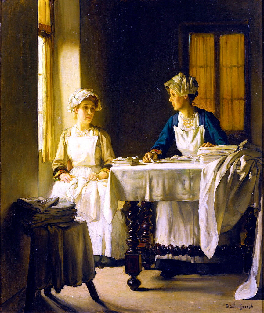 Interior with Two Women Folding Sheets, vintage artwork by Claude Joseph Bail, 12x8" (A4) Poster
