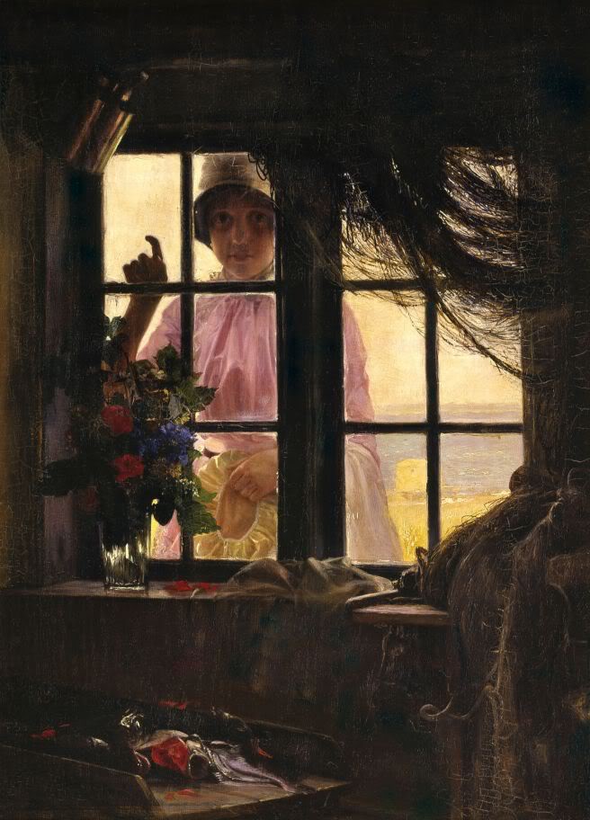 A Young Girl Knocking at the Fisherman's Window, vintage artwork by Carl Heinrich Bloch, 12x8" (A4) Poster