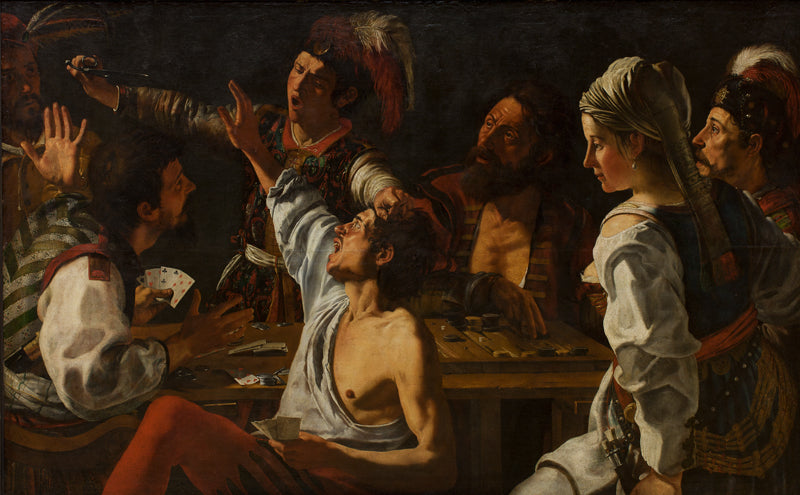 Card and Backgammon Players: Fight over Cards, vintage artwork by Attributed to Theodore Rombouts, 12x8" (A4) Poster