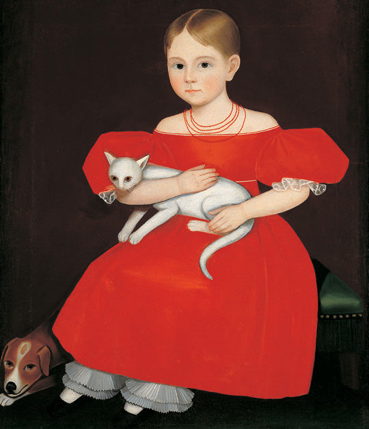 Girl in Red Dress with Cat and Dog, vintage artwork by Ammi Phillips, 12x8