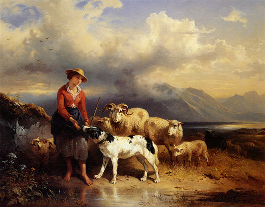 Peasant Girl with Flock of Sheep, vintage artwork by Friedrich Gauermann, A3 (16x12") Poster Print