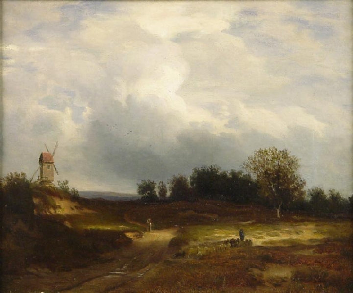 Landscape with Flock of Sheep and Windmill in the Background, vintage artwork by Eduard Wilhelm Pose, A3 (16x12") Poster Print