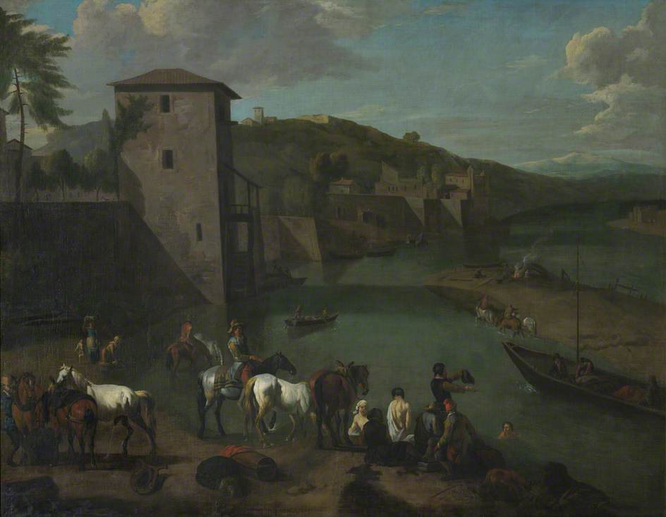 A Riverside Town with Figures Bathing and Traders with their Horses, vintage artwork by Attributed to Pieter van Bloemen, 12x8" (A4) Poster