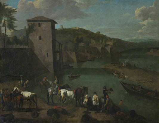 A Riverside Town with Figures Bathing and Traders with their Horses, vintage artwork by Attributed to Pieter van Bloemen, 12x8" (A4) Poster