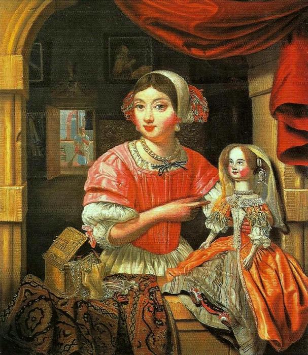 Young Woman Holding a Doll in an Interior with a Maid Sweeping Behind, vintage artwork by Edwaert Collier, 12x8" (A4) Poster